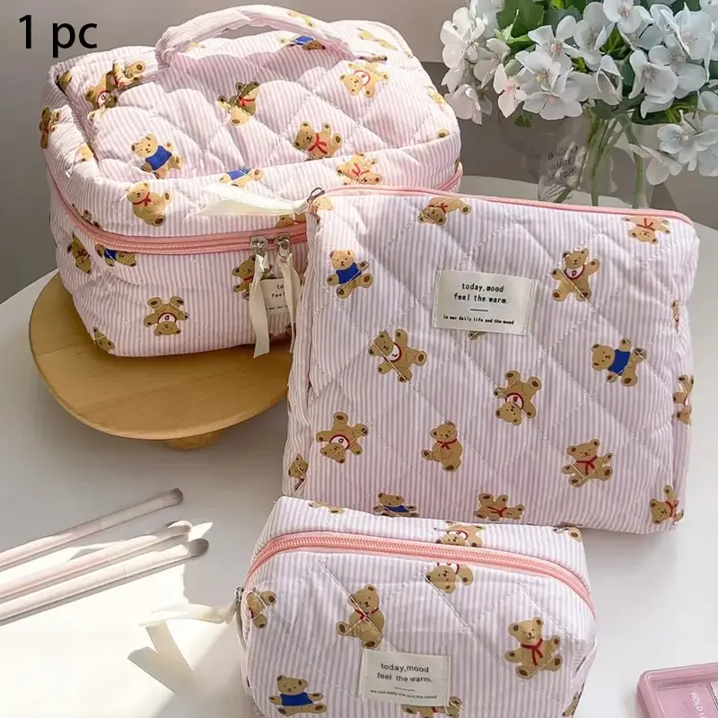 Kawaii Teddy Bear Travel Makeup Organizer Pouch & Large Toiletry Vanity Case Cosmetic Pouch