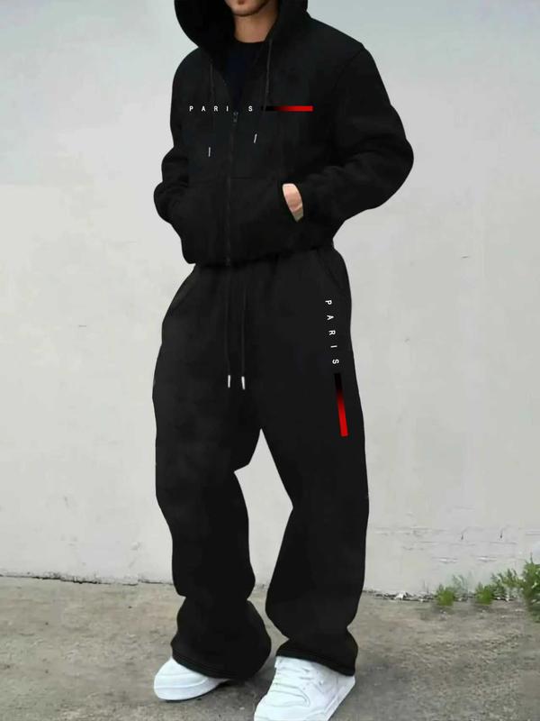 Men's Fall & Winter 2-Piece Set, Loose-Fit Zip Hoodie + Drawstring Casual Sports Pants, Letter Pattern, Fitted Style, Athleisure Wear Set