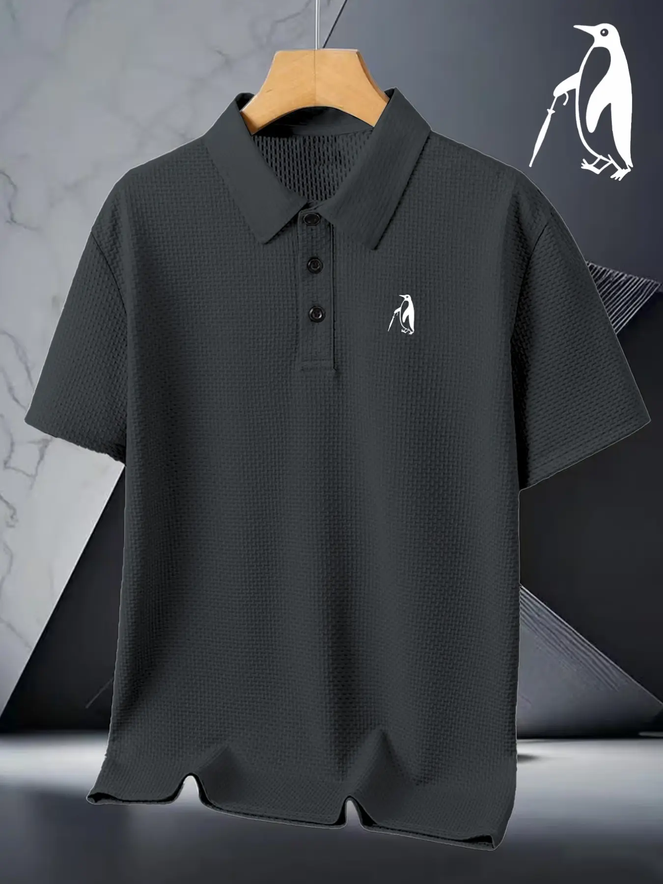 Men's Penguin Gentleman Pattern Print Shirt, Elastic Casual Breathable Four Seasons Comfortable Durable High-End Polo