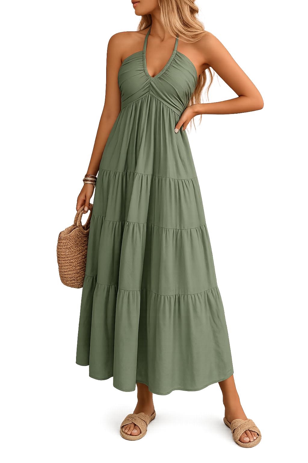 2026 Spring-Summer Solid Color Halter Beachwear Loose Long Dress Fashion Backless Pleated Dress