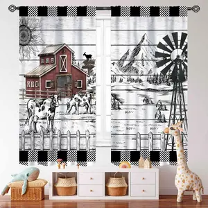 Rural style curtain set, 2 pieces of semi transparent polyester fiber curtains, pole tube design, suitable for decoration in living rooms, kitchens, and bedrooms
