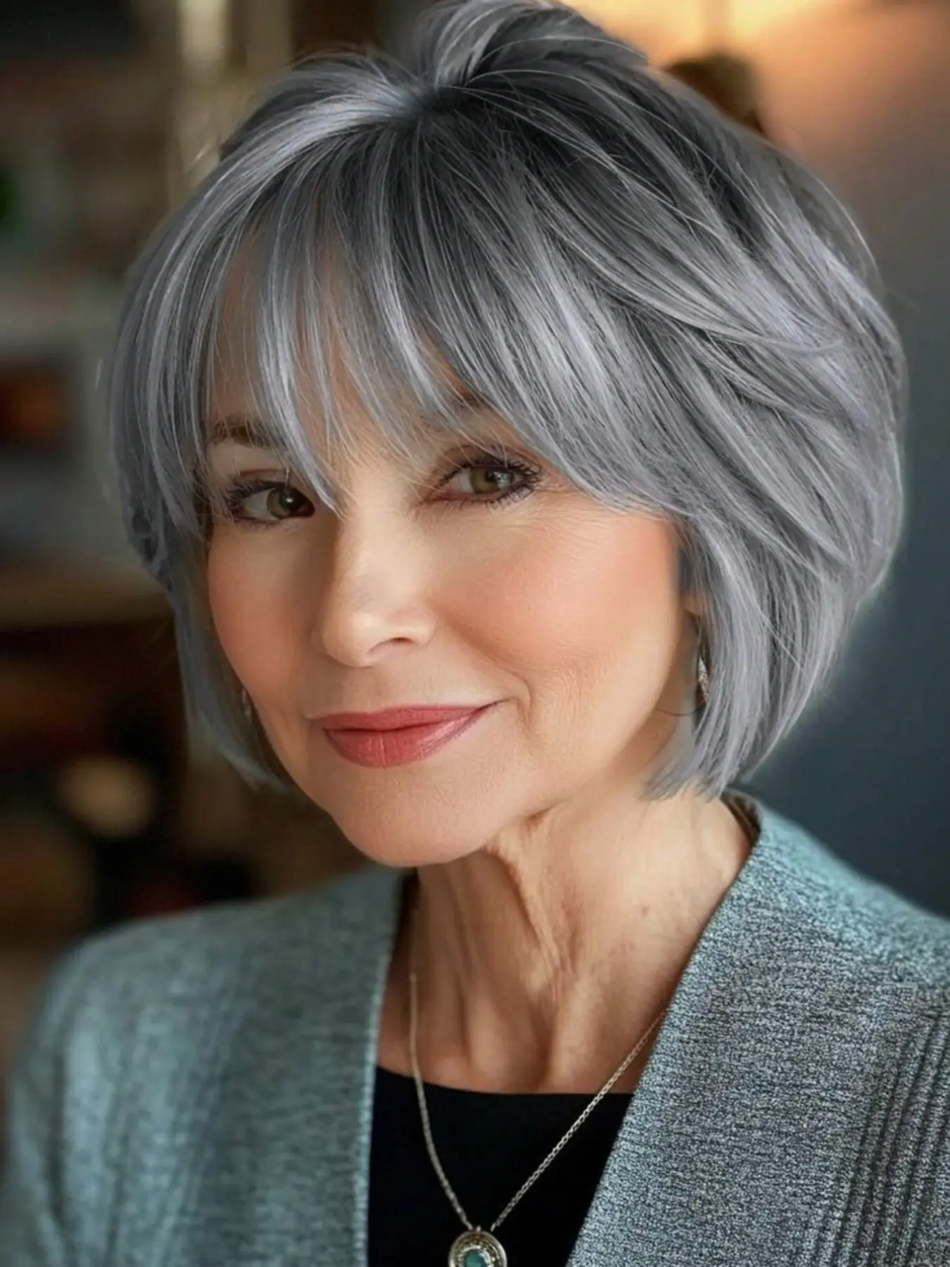 Chic Layered Bob Wigs for Women, Short Hair, Straight Salt & Pepper Bob Wig, Mixed Wigs with Bangs, Heat Resistant Synthetic Hair