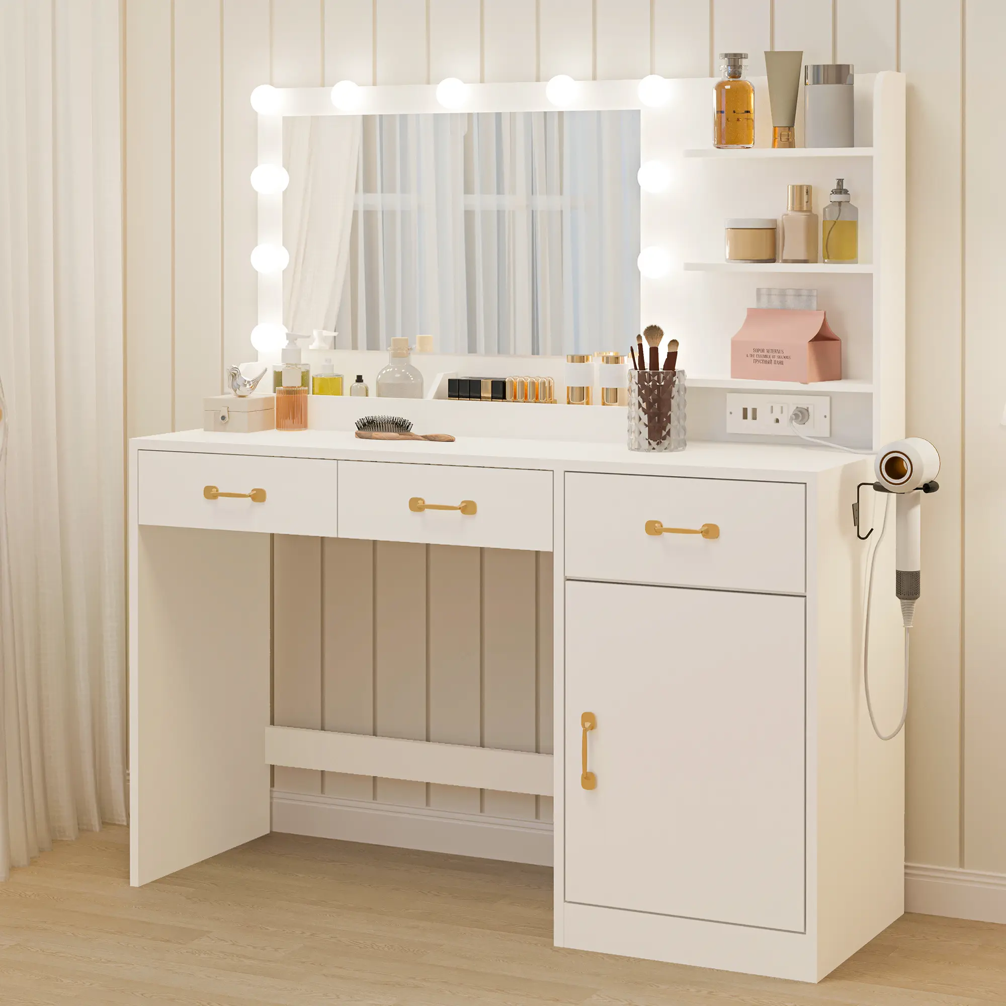 Vanity Desk with Lighted Mirror, LED Lights - Charging Station Power Outlet & USB Ports - 3 Drawers, Cabinet, Cubbies & Open Shelves, Wooden Dressing Table for Bedroom, Dorm, Salon