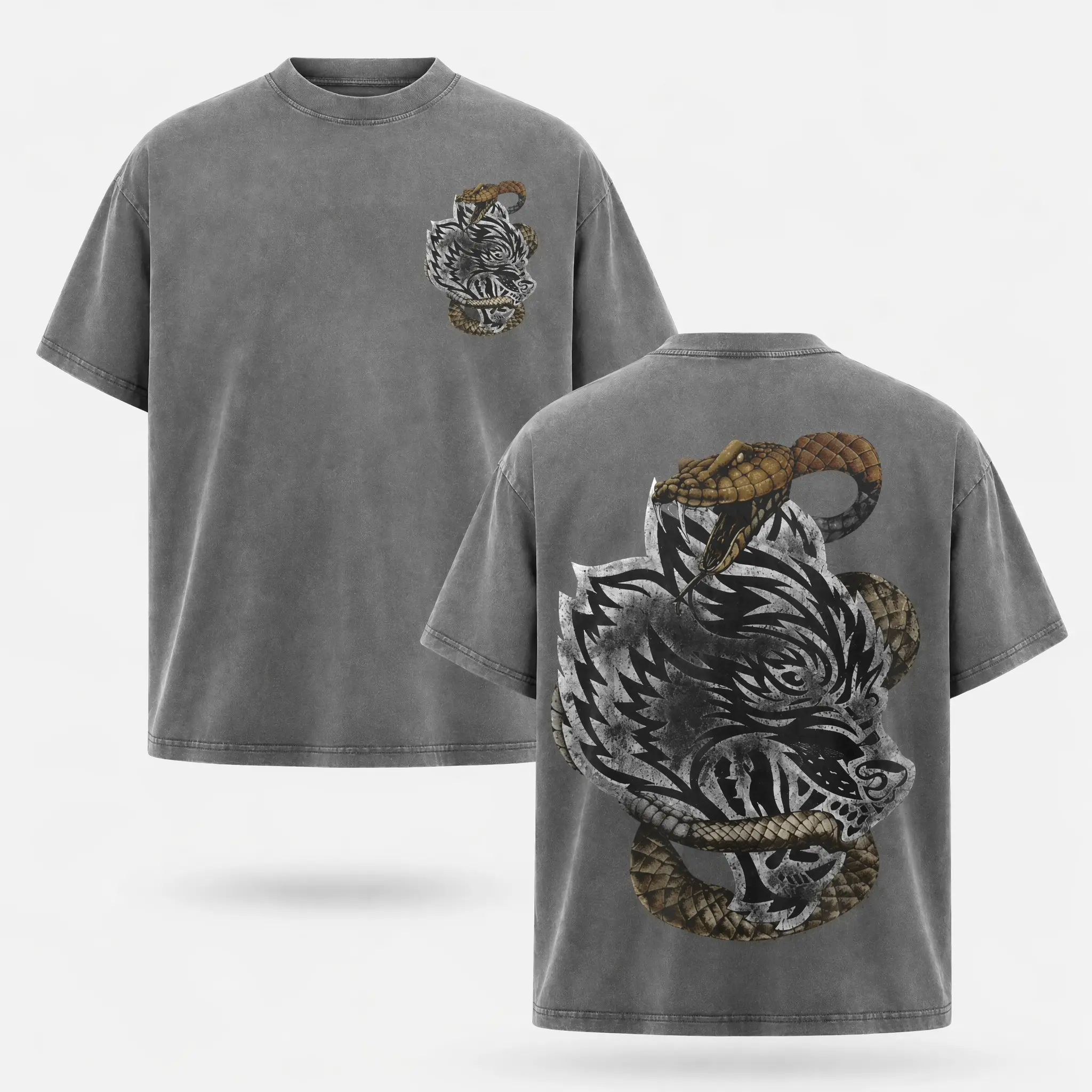 Darc Sport Wolves And Snake Double Sided Graphic T Shirt Acid Washed Oversized Heavyweight Cotton Short Sleeve Crewneck Black Streetwear Casual Daily Fashion Top Trendy Animal Art Print Gothic Style Apparel for Adult Men Workout and Street Outfit