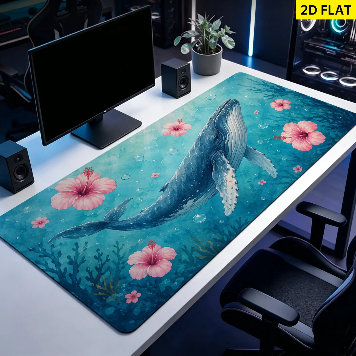 Extra Large Blue Whale and Hibiscus Flower Ocean Art Mouse Pad,Non Slip Rubber Pad,Desktop Decoration Drotection Pad,Washable,Lock Edge Multi Size,Premium Multipurpose Mousepad For Home,Office,Gift for Family and Friends