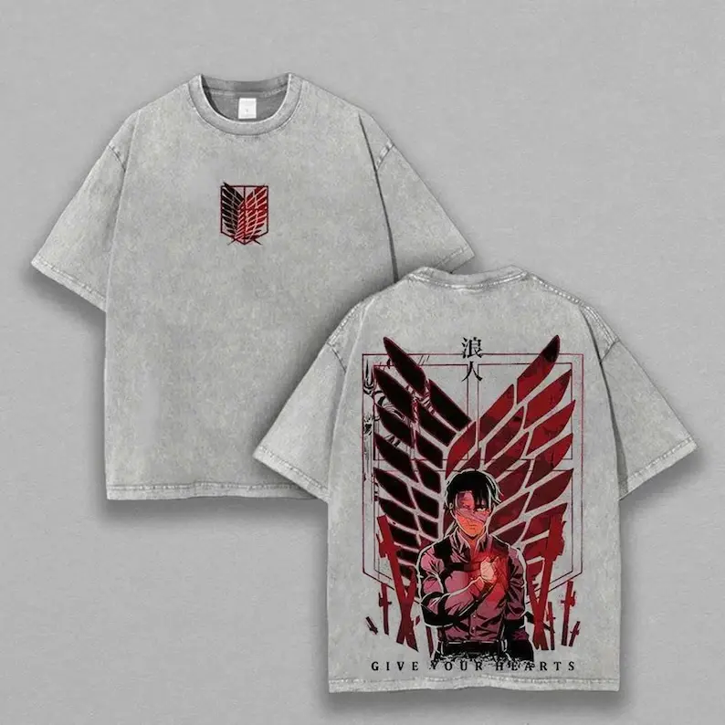 Grey Loose‑Fit Washed Short‑Sleeve Tee, Attack On Titan Tiny Chest Wings Badge & Back Levi Freedom‑Wing Graphic Print, Lightweight Casual Top, Great For Night‑Time Trips And City Outings