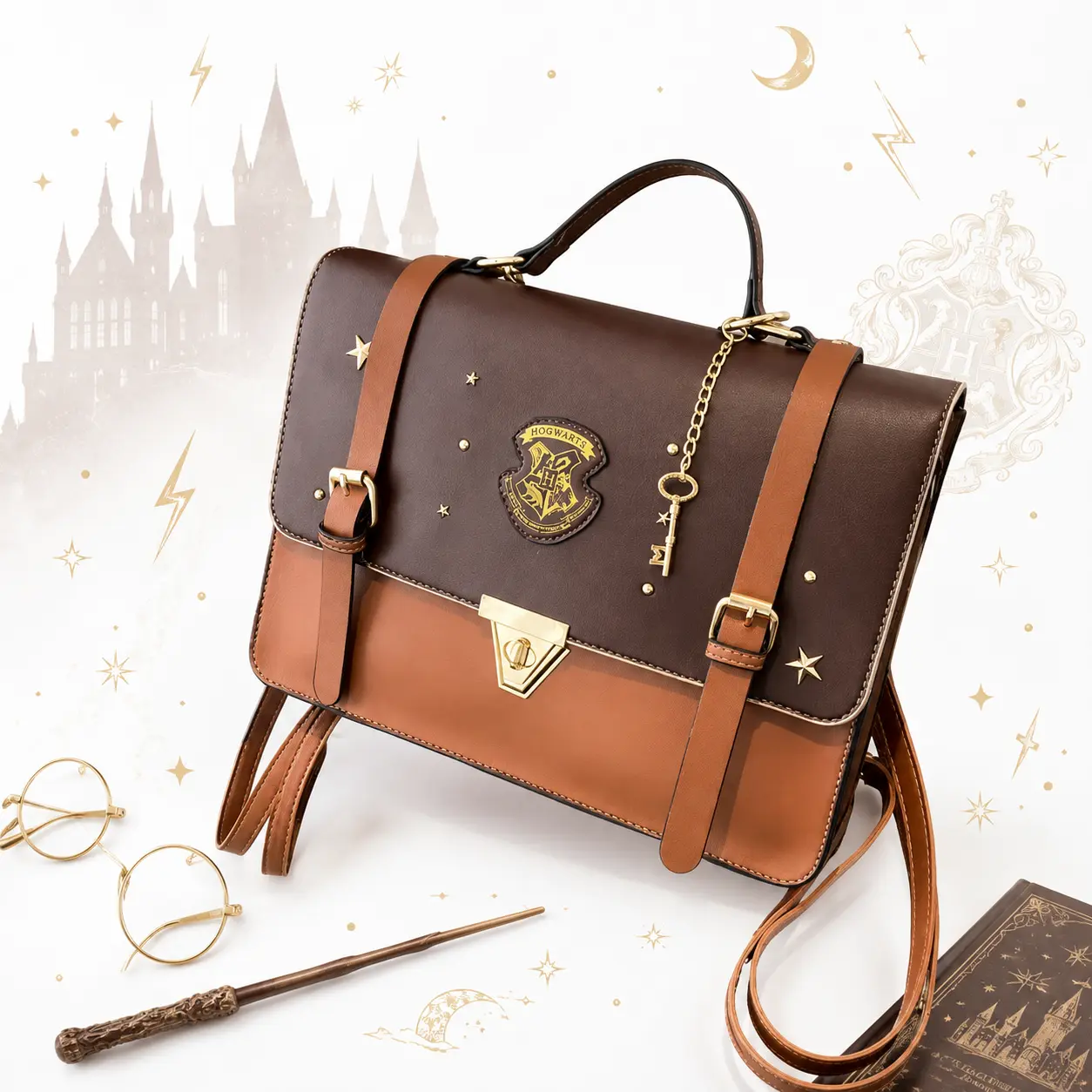 Harry Potter Satchel Backpack, Hogwarts Crest, Brown Faux Leather, Vintage School Bag, Double Buckle Straps, Gold-Tone Clasp, Dark Academia Gift,bookbag,school backpack, multiple style,casual daypack backpack,anime backpack,pencil bag,Clear,Stadium,Mini