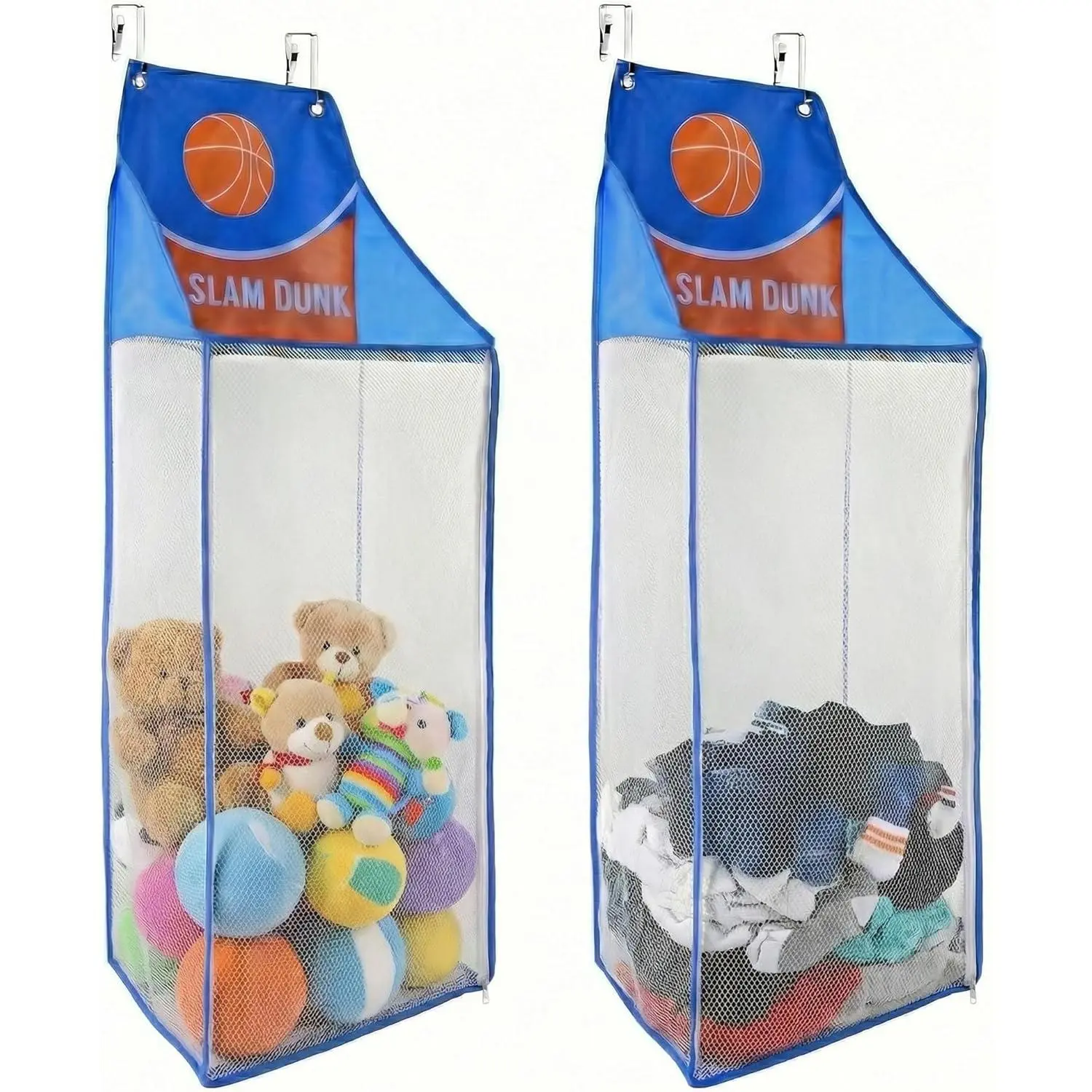 2 Pack Over the Door Laundry Hamper, Hanging Basketball Laundry Hamper with Zipper, Foldable Mesh Laundry Bakset for Dirty Cloth Toy Towel Saving Space Storage and Organization - Basketball