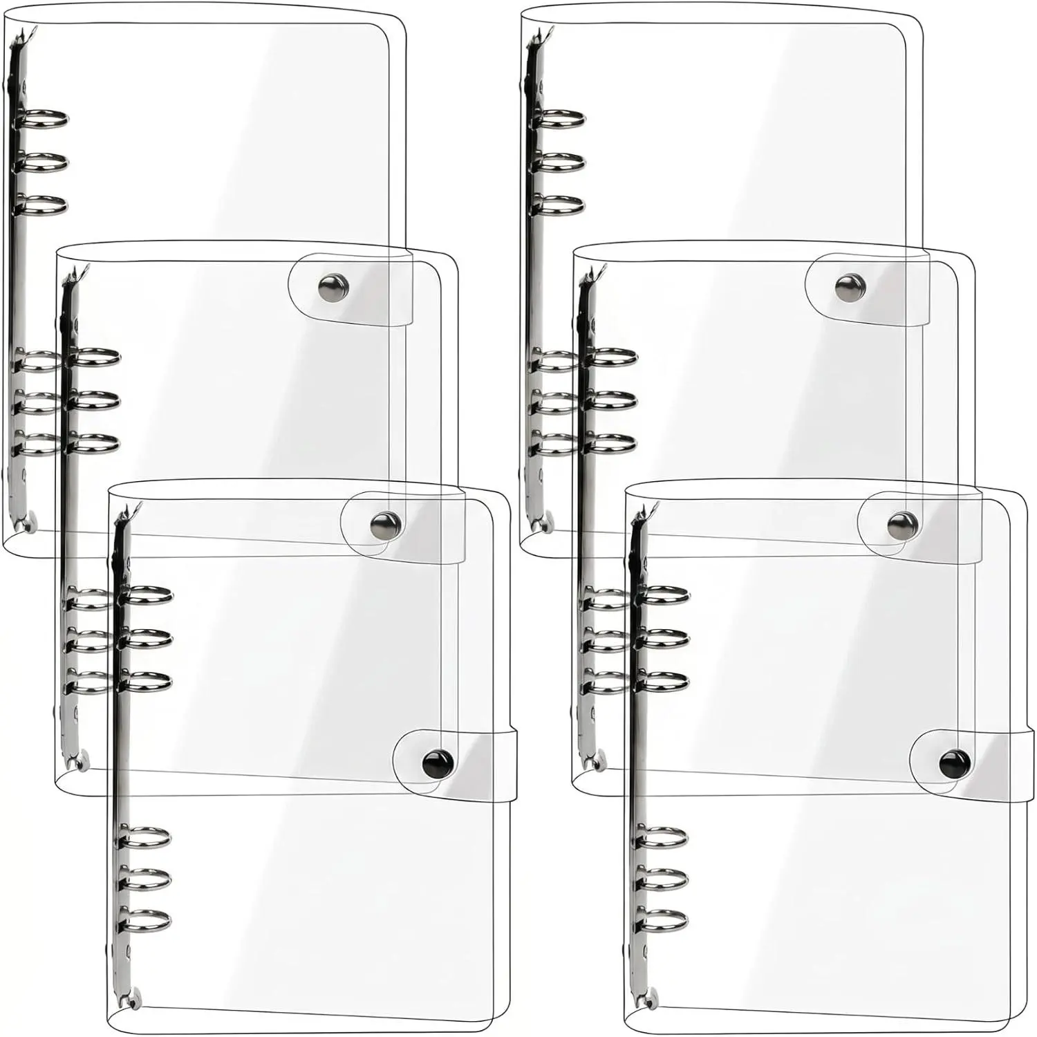 6 Pack A5 Clear PVC Binder, 6-Ring Soft Notebook Binder Transparent Loose Leaf Binding Covers, Refillable Notebook Round Ring Binder with Snap Button Closure, 9.3" x 7"