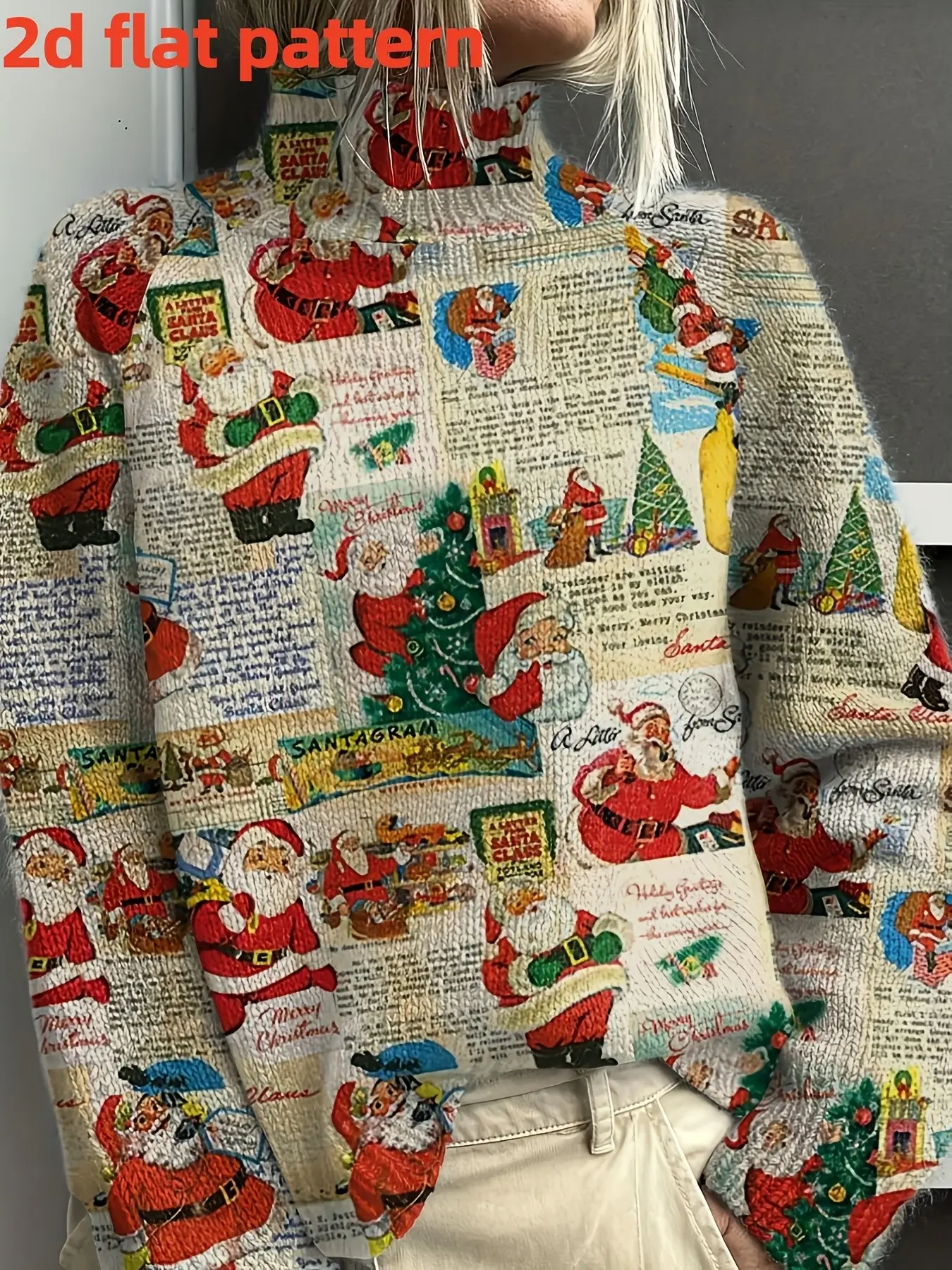Women's Fall Winter Christmas Sweater, Elegant Long Sleeve High Neck Top, All over Print Digital Printing, Fashionable Knitwear for Ladies
