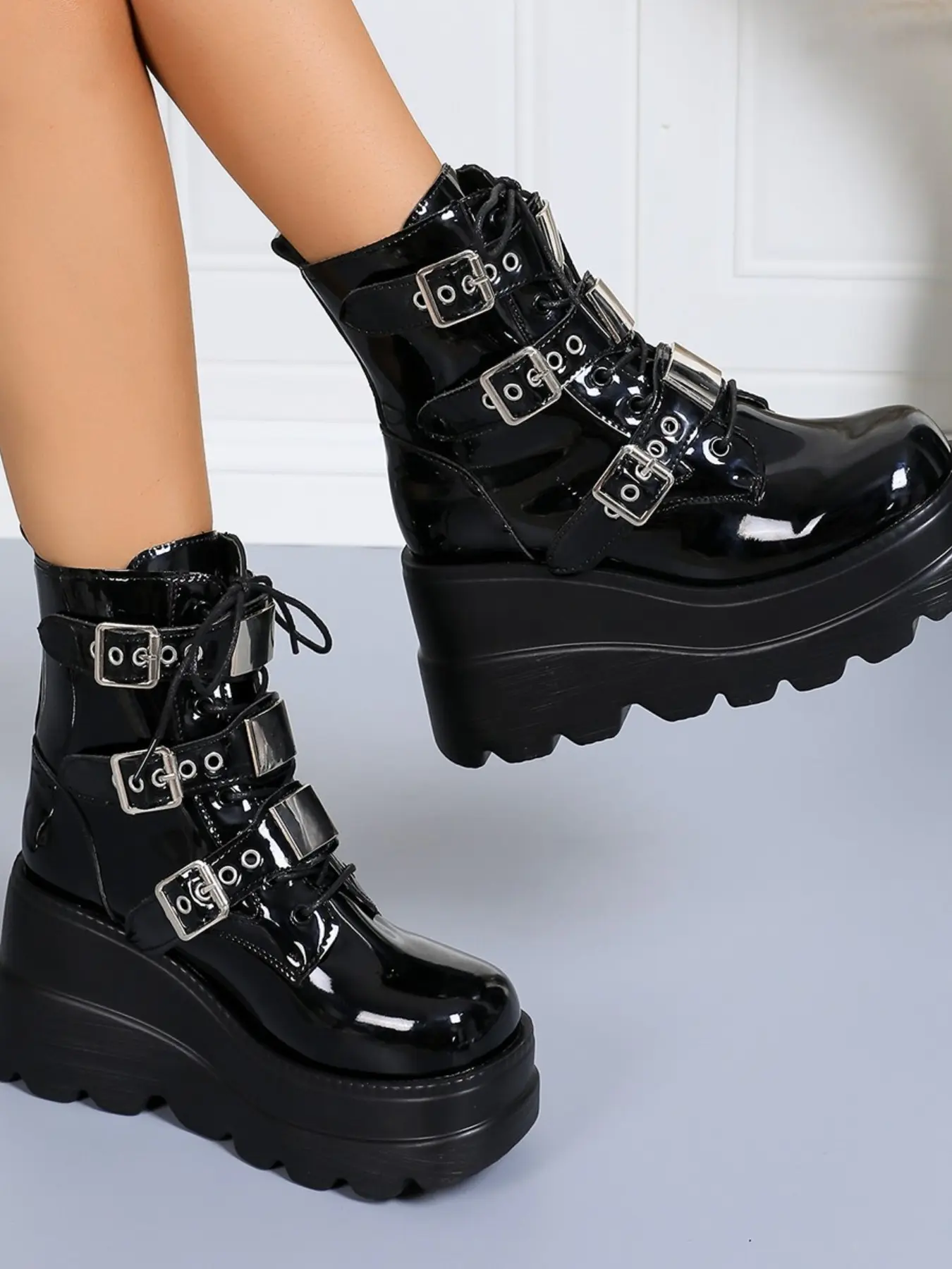 Sweet Punk Thick Sole Buckle Short Boots, Subculture Y2K Height-Boosting Leather Boots, Stylish Dark Punk Fashion Accessories