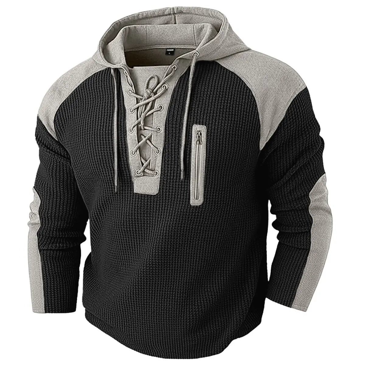 Men's Textured Denim Fabric Lace-Up Hoodie - Contrast Color Block Long-Sleeve Pullover with Zipper Chest Pocket, Menswear Sports School Top for Fall Winter Daily Wear