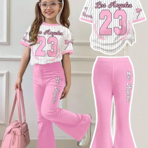 Teen Girls' Casual Two-Piece Set, Striped Print T-Shirt & Loose Flared Pants for Summer, Summer Clothing Set, Fashion Style Sets, Casual Outfit Set, Outfits Set
