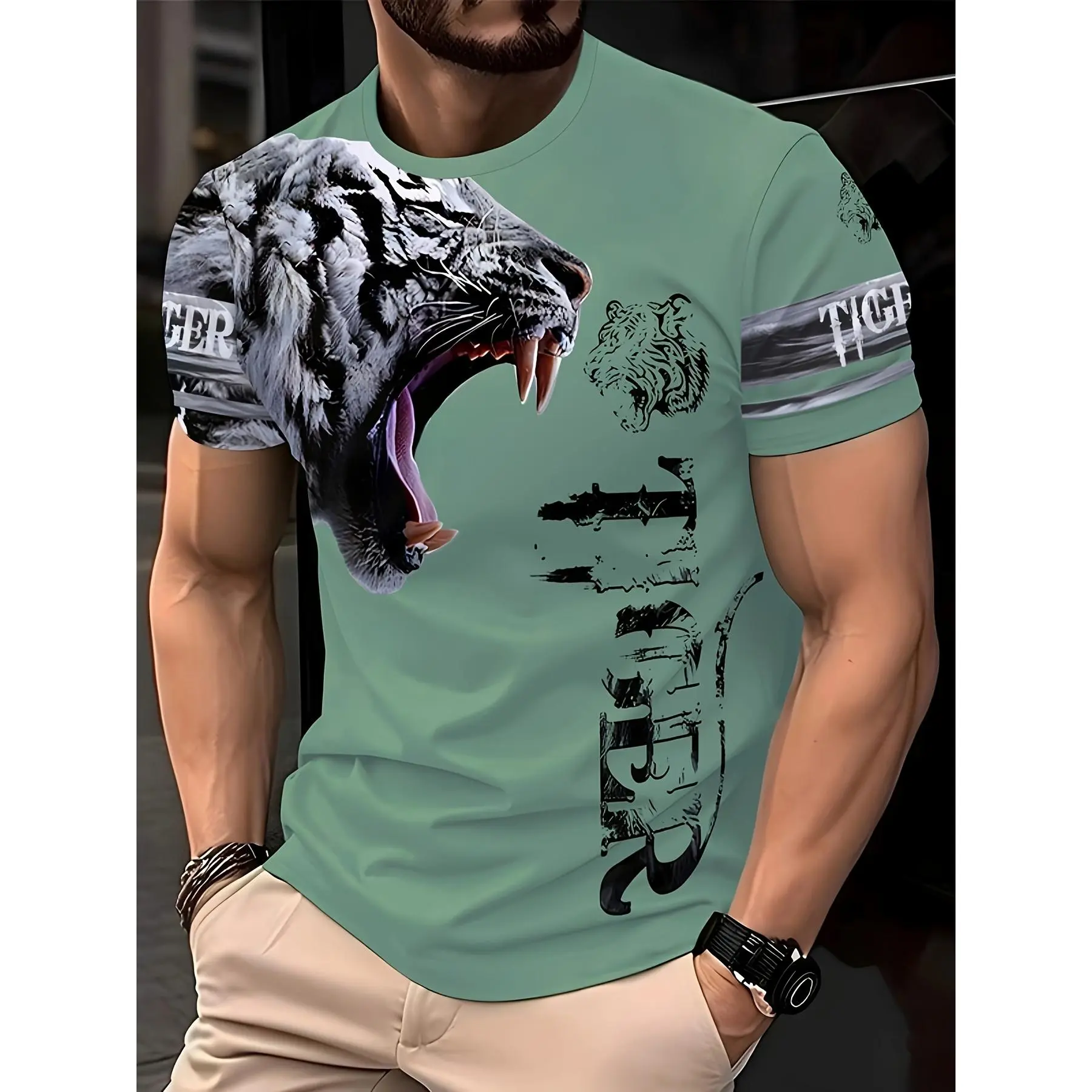 Men's Fashion Casual Crew Neck Short-Sleeve Knit Polyester Fabric T-Shirt Top, Menswear Essential, Shortsleeve, Round Neck, Stretch