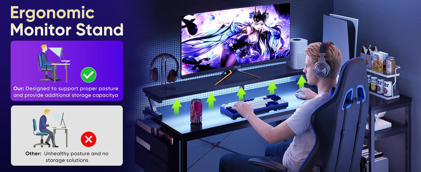 Gaming Desk, Computer Desk with USB Charging Ports, Power Outlets, Type-C and LED Lights, Reversible L Shaped Desk with Storage Shelves & Monitor Stand for Office Gaming Room Black 48IN