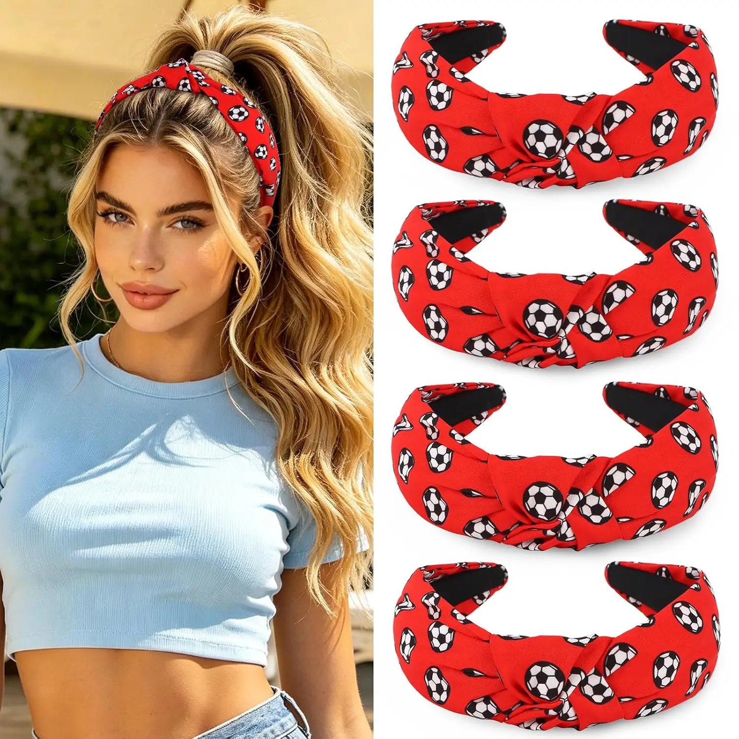Red Soccer Headbands for Girls Women - 4 Pack Knotted  Print Headbands  Day Hair Accessories for Team Gifts Birthday Party Favors
