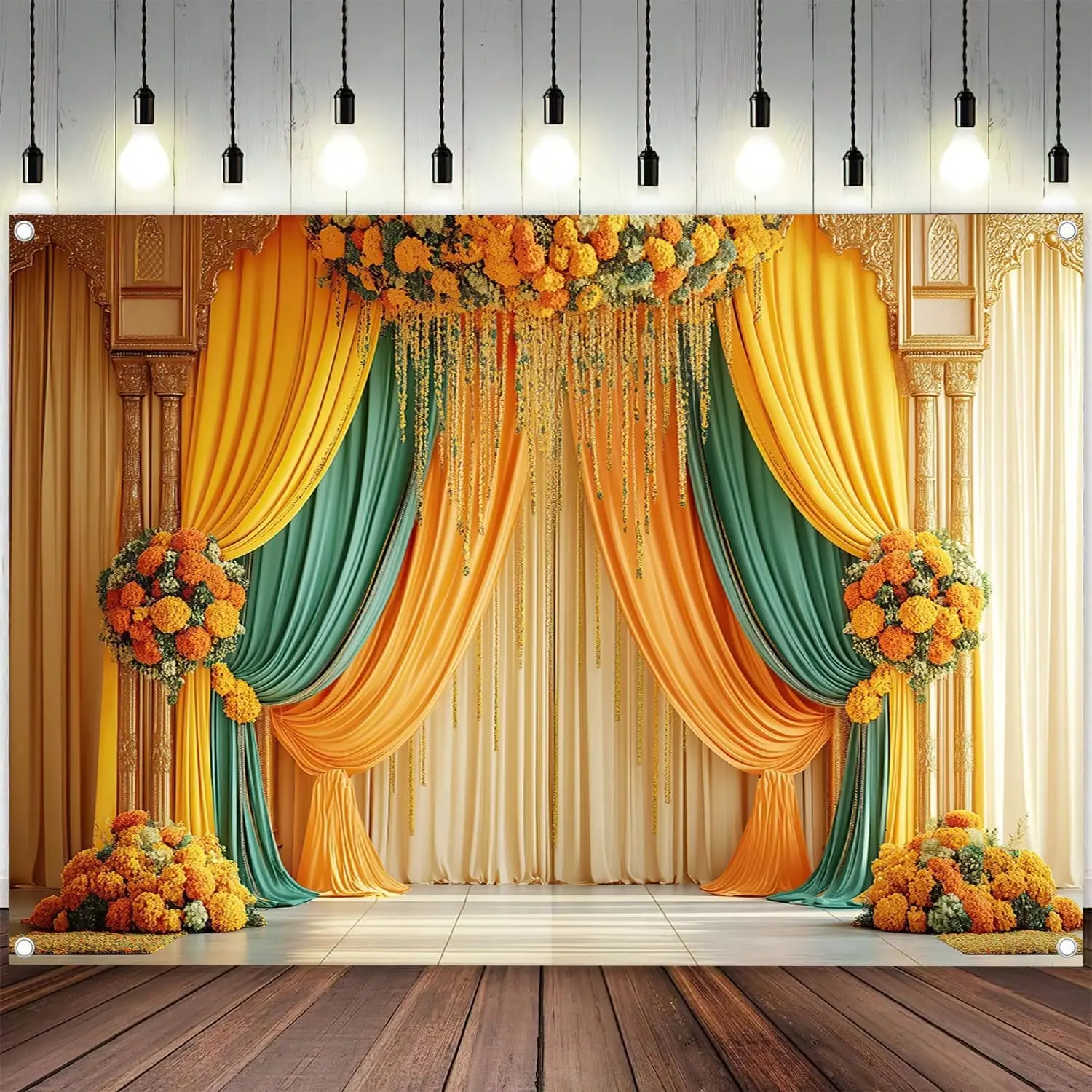 Pooja Backdrop Photography Background, Traditional Chatiya Navratri Ganpati Ganesh Marigold Backdrops Wall Decor For Durga Puja(7x5FT), Multi4, Home Decor, Room Decor, Wall Decorations, Birthday And Party Backdrops, Photo Booth Backgrounds, Decorative Ta