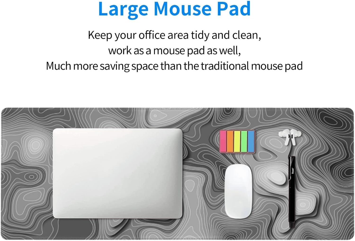 Abstract Topographic Map Black Mouse Pad Big Gaming Mouse Pad XXL MousePad Large Keyboard Mat with Non-Slip Rubber Base Stitched Edges Mouse Mat Desk Pad for Gaming and Office