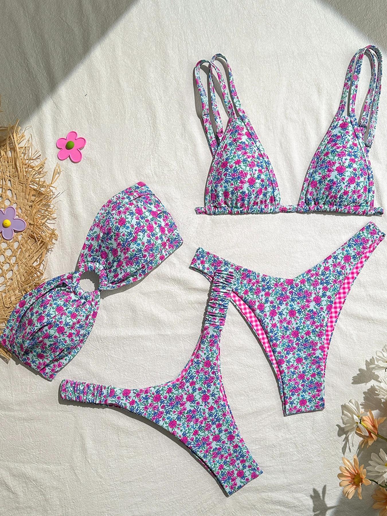 Women's Ditsy Floral Print Brazilian Swimsuits, Boho Fashion Ruched O-ring Tube Swim Bra & Swim Floral Bikini Top & High Cut Swim Floral Bikini Bottom Set, Ladies Swimsuit for Beach Holiday Vacation, Bikinis Sets, Bandeau Bathing Suit