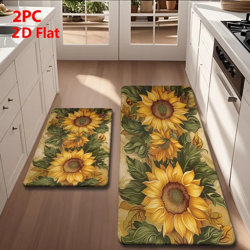 2/3pcs Flannel Kitchen Mat Set, Vintage Base, Large Sunflowers, Realistic Floral Design, Non-Slip, Absorbent, Home Decor