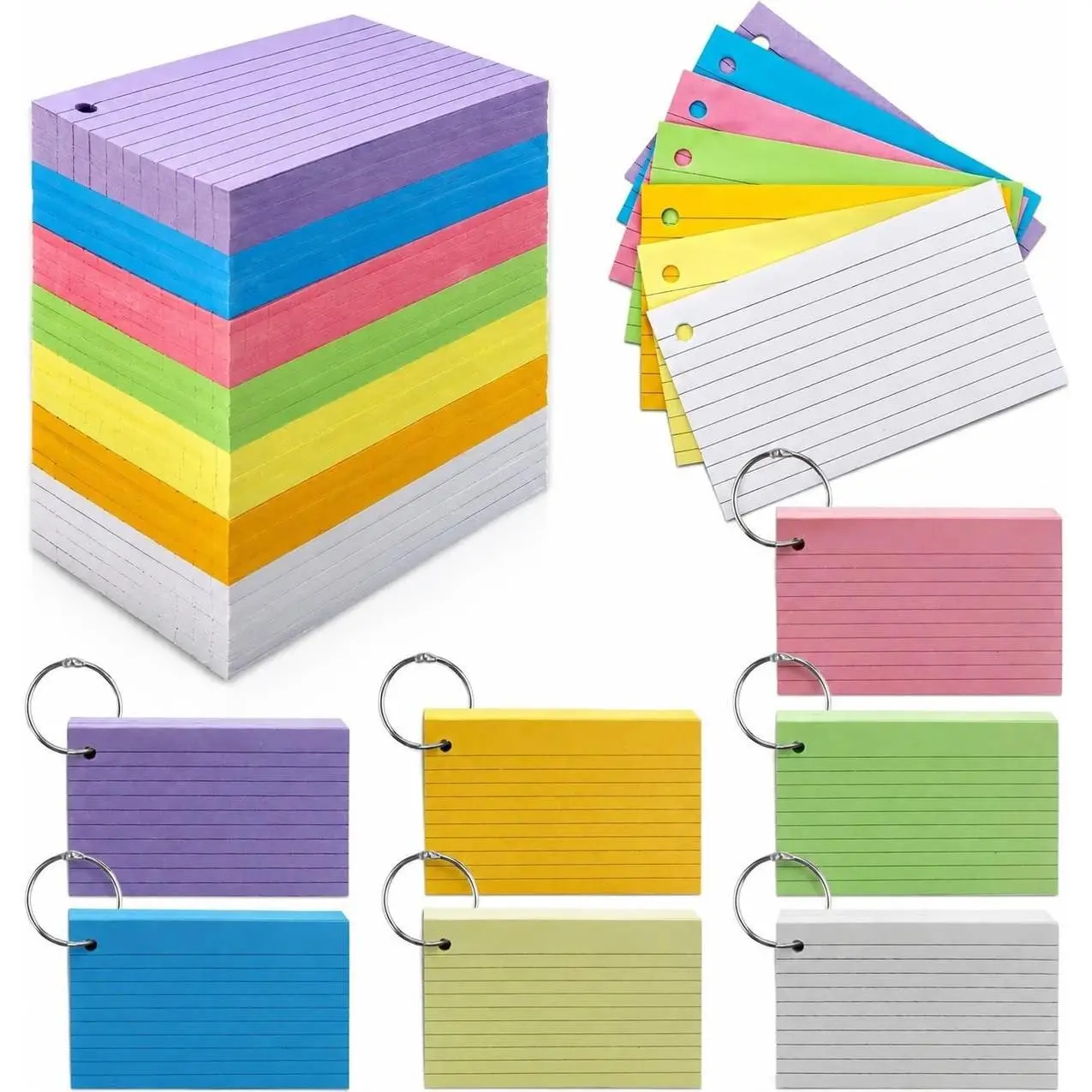 600 Pieces Ruled Colorful 3 x 5 Index Flash Cards with Rings, Heavy Study Note Cards Punched for School, Office and Home Use (7-Color Thickened)Gift