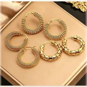 Women's 3-Pair Gold Hoop Earrings Set – 3 Styles Chunky Braided Textured Statement Jewelry, Lightweight Everyday Gift Set,Personalized