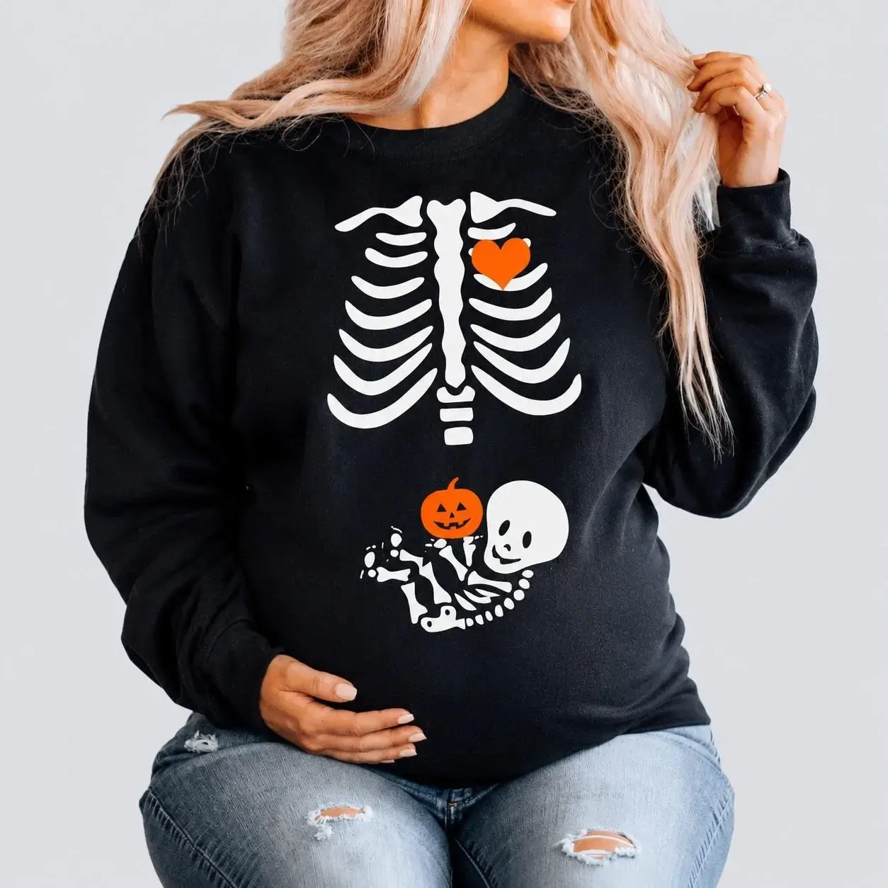 Maternity Skeleton Baby Pumpkin Halloween Graphic Oversized Comfort Cotton Sweatshirt, Spooky Pregnant Mom Fall Fashion Outfit, Cute Pregnancy Crewneck Top, Perfect Halloween Thanksgiving Valentine’s Day Gift For Pregnant Mom, Best Holiday Present For Exp