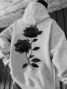 Men's Fall Winter Fashion Hoodie, Streetwear Style, Rose Print, Loose Fit, Long Sleeve, Casual Sweatshirt, Outdoor Activity
