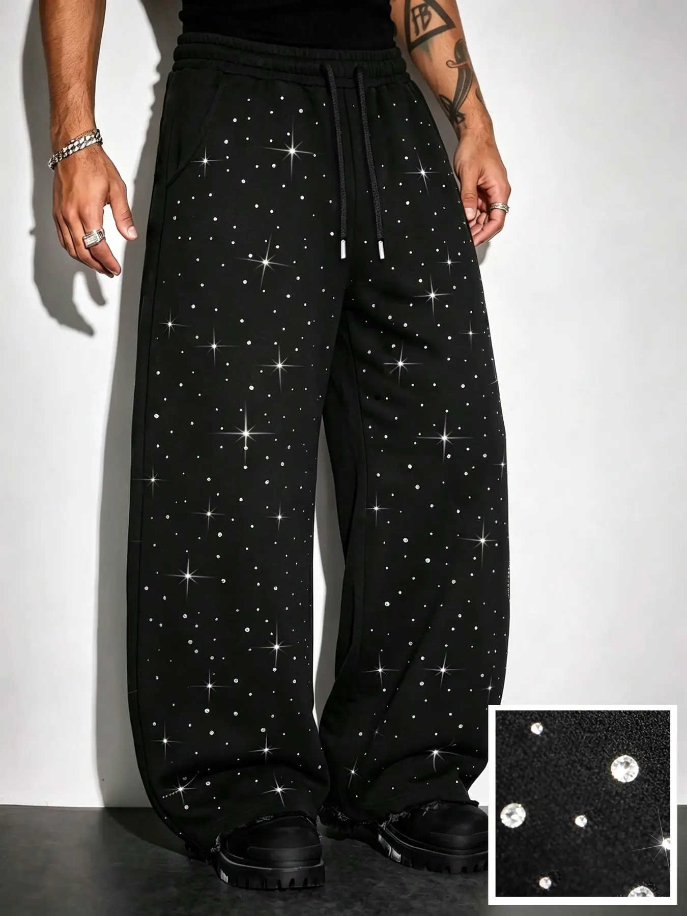 Men's Casual Long Pants, Rhinestone Design, Streetwear Style, Drawstring Waist, Fitted, Spring & Fall, Graphic Pattern