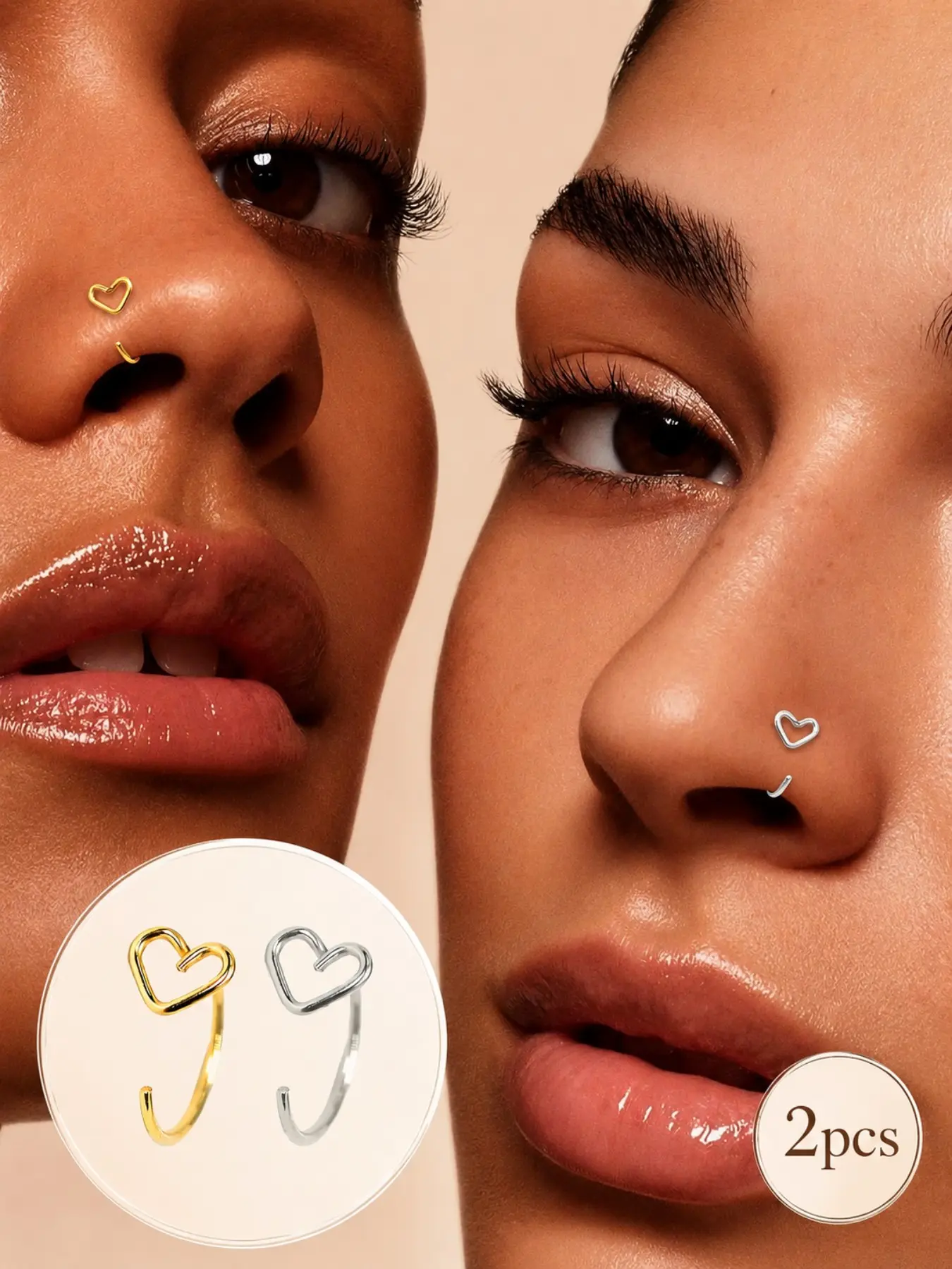 2pcs & Silver Color Heart Nose Studs, L-Shaped Hypoallergenic Piercing Jewelry, Unisex Fashion Accessories