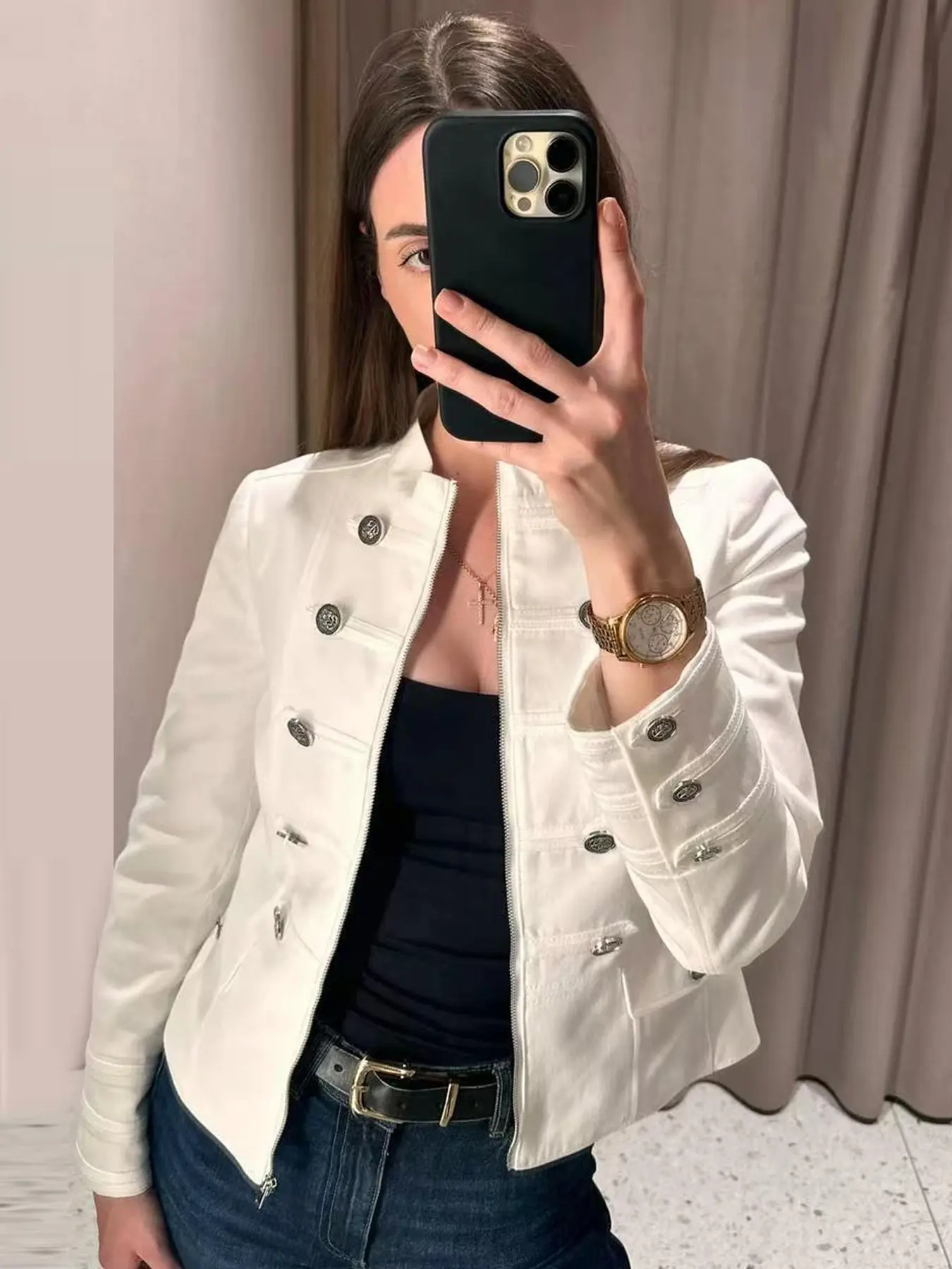 Cropped White Jacket Women's Jacket Spring Autumn Elegant Zip-Up Long Sleeve Fitted Short Tops For Woman Fashion Double-Breasted Streetwear Casual Fashionable Outerwear All-Much Military Style Coat
