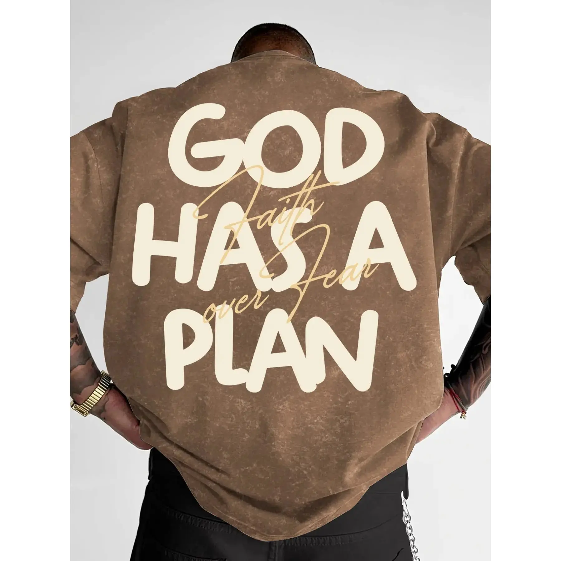 Men's "God Has A Plan" & "Faith Over Fear" Casual Letters Print Washed T-Shirt, Streetwear Casual Short Sleeve Tee, Loose Fit#FaithBasedTee#GodHasAPlan#WashedStreetwear#ChristianFashion#TikTokMadeMeBuyIt