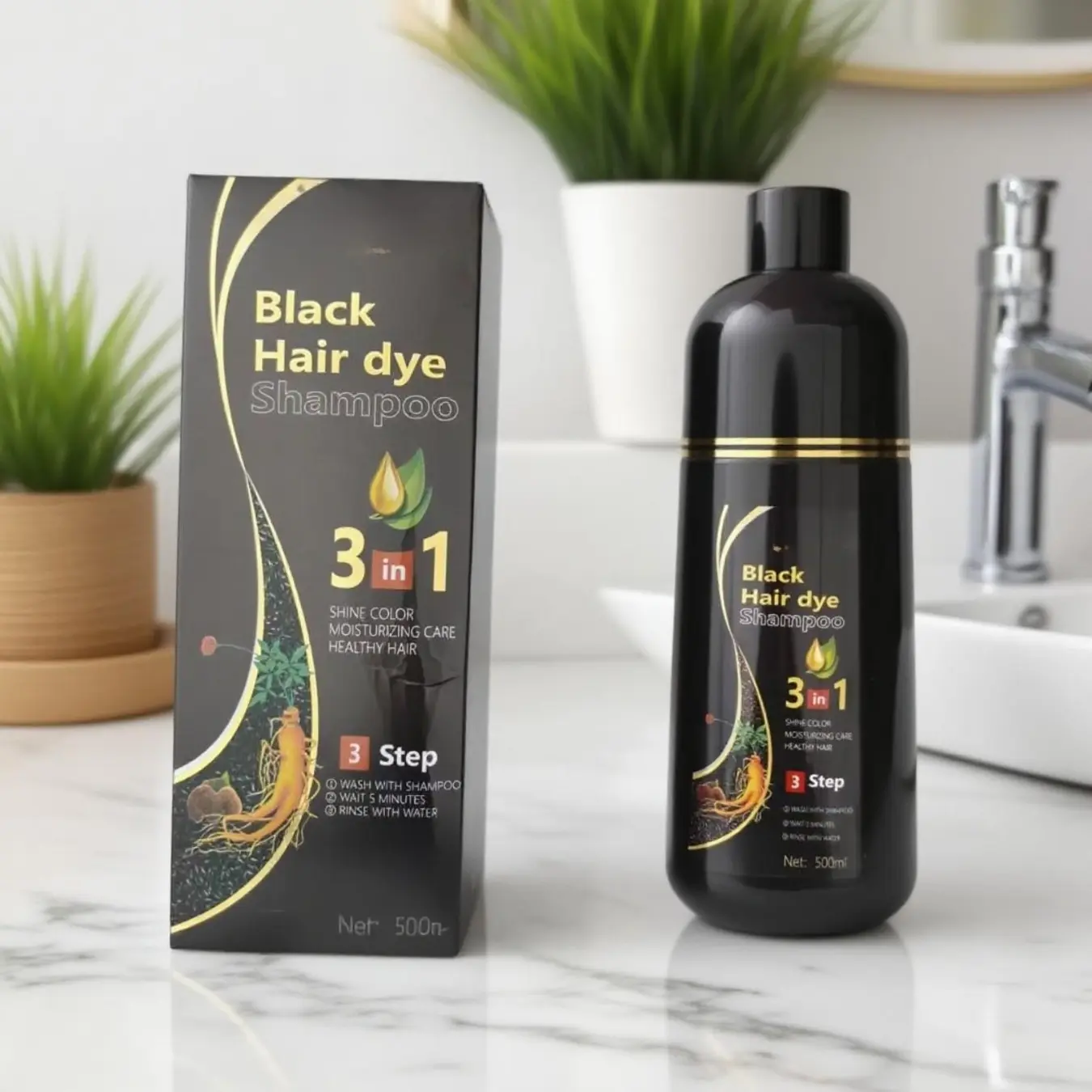 3-in-1 Black Semi Permanent Hair Color Shampoo, Quick At Home Gray Coverage Cover Grey Hair Dye Shampoo, Gentle DIY Hair Coloring Treatment for Men & Women Daily Hair Care