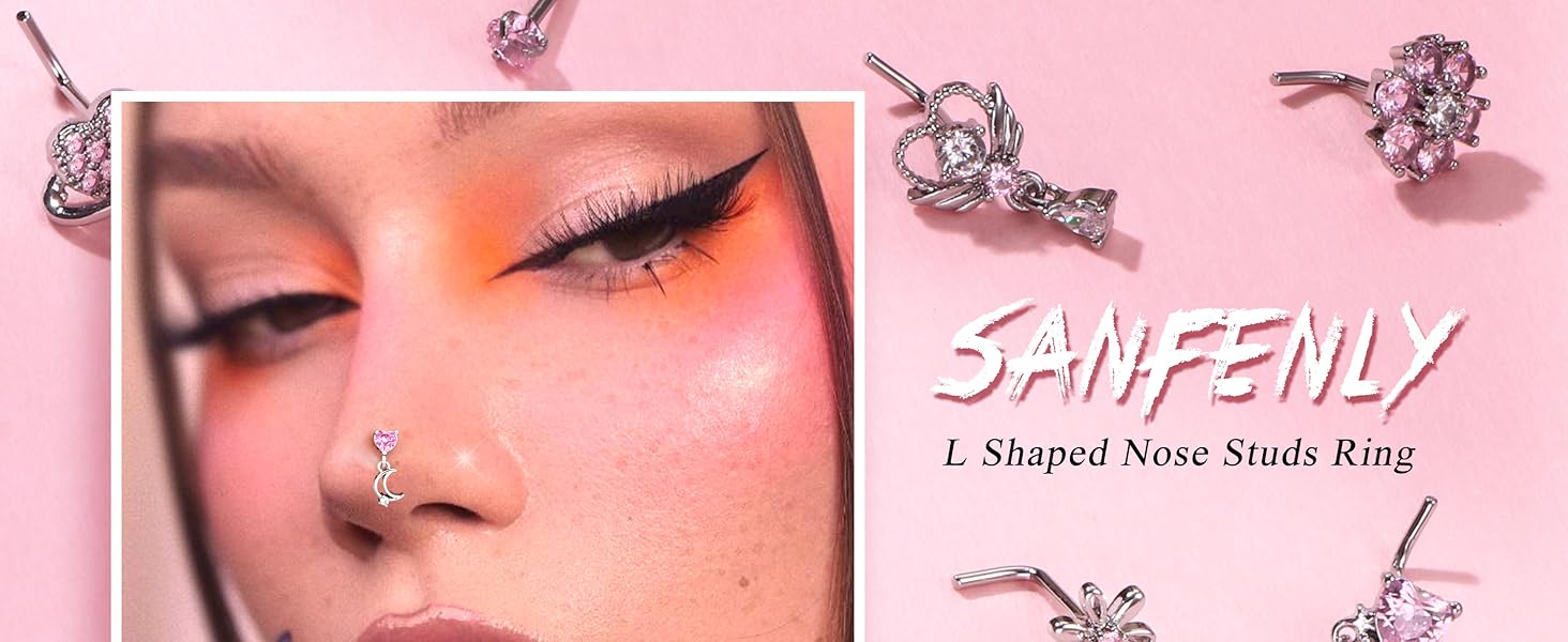 Sanfenly 12 PCS 20G Nose Rings Surgical Stainless Steel, L Shaped Nose Studs for Women Men, CZ Heart Butterfly Flower Leaf Moon Dangle Cute Nose Piercings Studs Screw Jewelry Pink/Purple/Blue/Clear Sanfenly 12 PCS 20G Nose Rings Surgical Stainless Steel, L Shaped Nose Studs for Women Men, CZ Heart Butterfly Flower Leaf Moon Dangle Cute Nose Piercings Studs Screw Jewelry Pink/Purple/Blue/Clear
