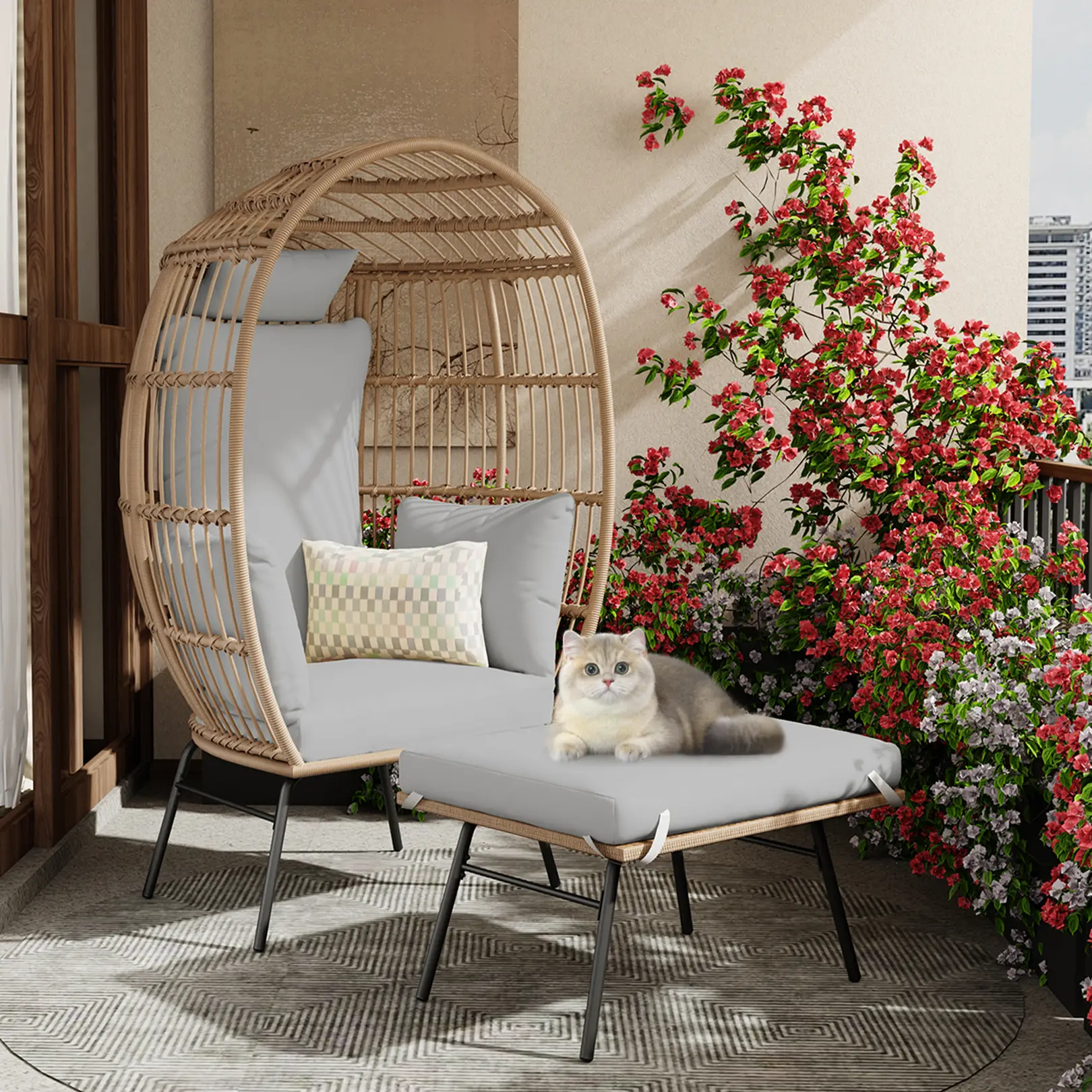 TricaLtdp Wicker Egg Chair with Ottoman, Oversized Patio Lounge Chairs w/ Thick Cushion, Rattan Egg Basket with Steel Frame for Indoor&Outdoor, Porch, Backyard,350 LBS Capacity, Rotating Basket Chair