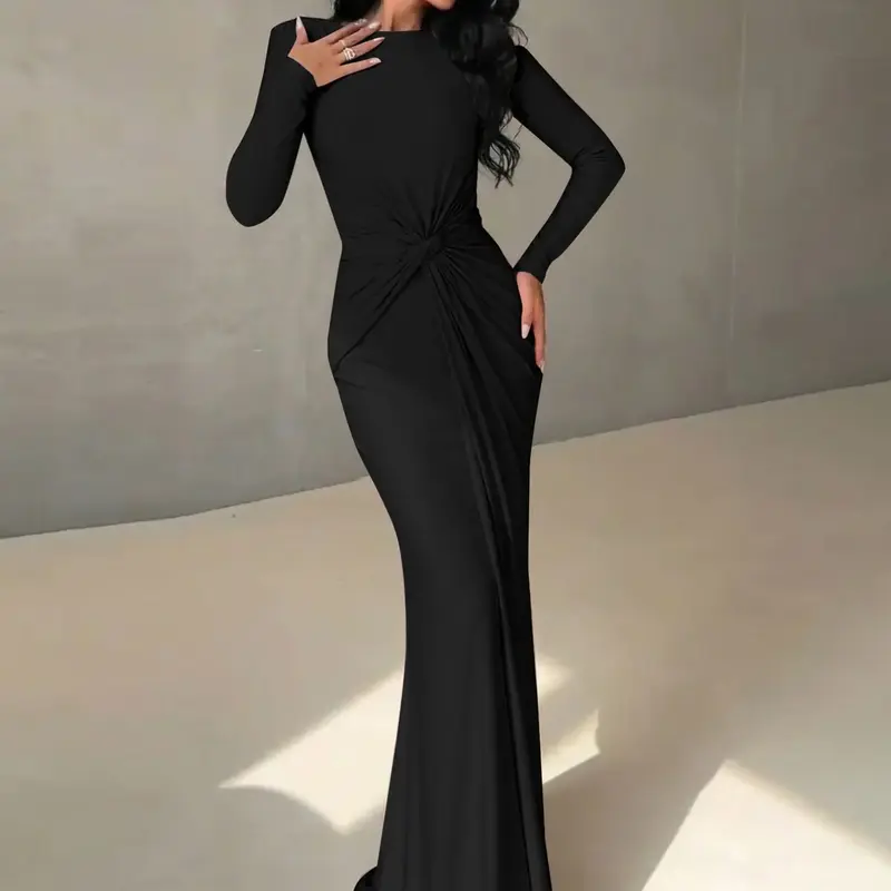 Women's Elegant Solid Color Ruched Pleated Padded Shoulder Long Sleeve Knit Bodycon Maxi Dress, Crew Neck Gown, Formal Gowns for Evening Parties, Clubs and Holidays, Formal Dresses for Ladies, Special Occasion Wear for Spring, Fall & Winter