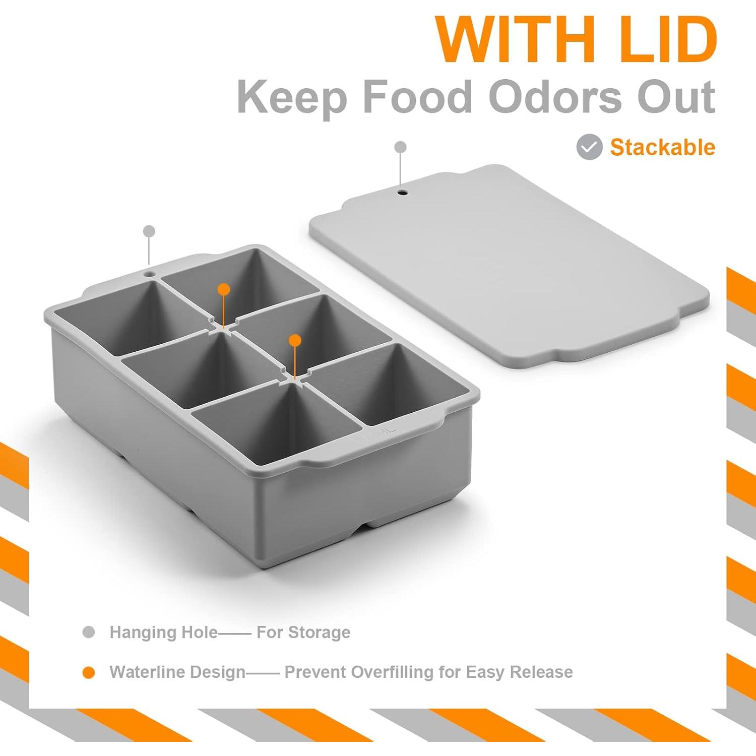 Large Ice Cube Tray with Lid, Stackable Big  Square Ice Cube Mold for    Soups Frozen , Easy Release