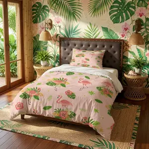 2/3PCS Pink Tropical Flamingo Duvet Cover Set, Single Side Print No Insert, Sweet Boho Tropical Bedding, Perfect Decor Gift for Bedroom & Guest Room
