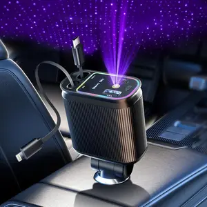 120W Car Charger with Purple Starry Sky Ambient Light, Ultra-Fast Charging, Built-In Retractable Cable for Car Use