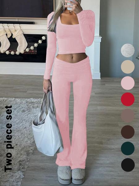 Women's Solid Color Square Neck Crop Tee & Flare Leg Pants Set, Casual Fashion Cozy Two Piece Outfits for Daily Outdoor Wear, Airport Outfit