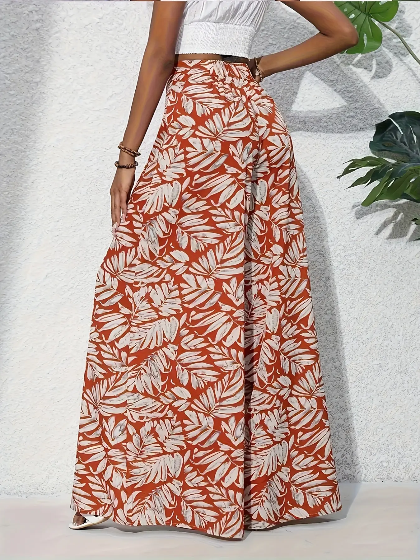 High Waist Tropical Leaf Print Wide Leg Pants, Slim-Fitting Sporty Trousers, Relaxed Fit with Side Pockets, Casual Streetwear for All Seasons, Bottom