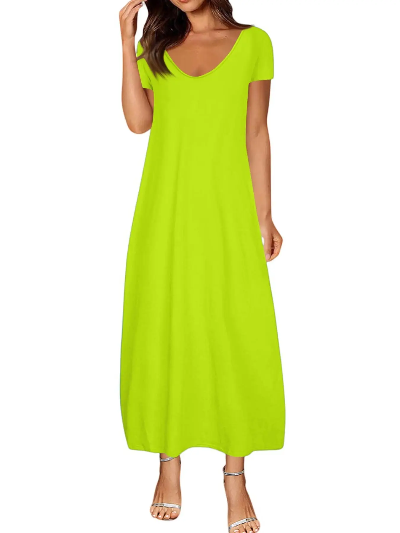 2026 Women's Basic Long Nightgown, Coffee Color, Casual Round Neck, Short Sleeve, Pocket Sleepwear, Soft & Comfortable, All-Season Loungewear