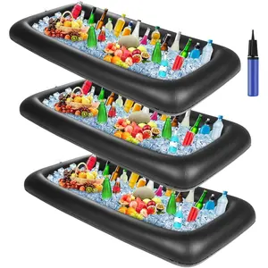 3 Pcs Inflatable Serving Bar (130x60x12 cm/52x24x5 in) - Ice Buffet Tray, Drink Cooler with Drain Plug, Manual Hand Pump for Party, Picnic, Barbecues (Black)