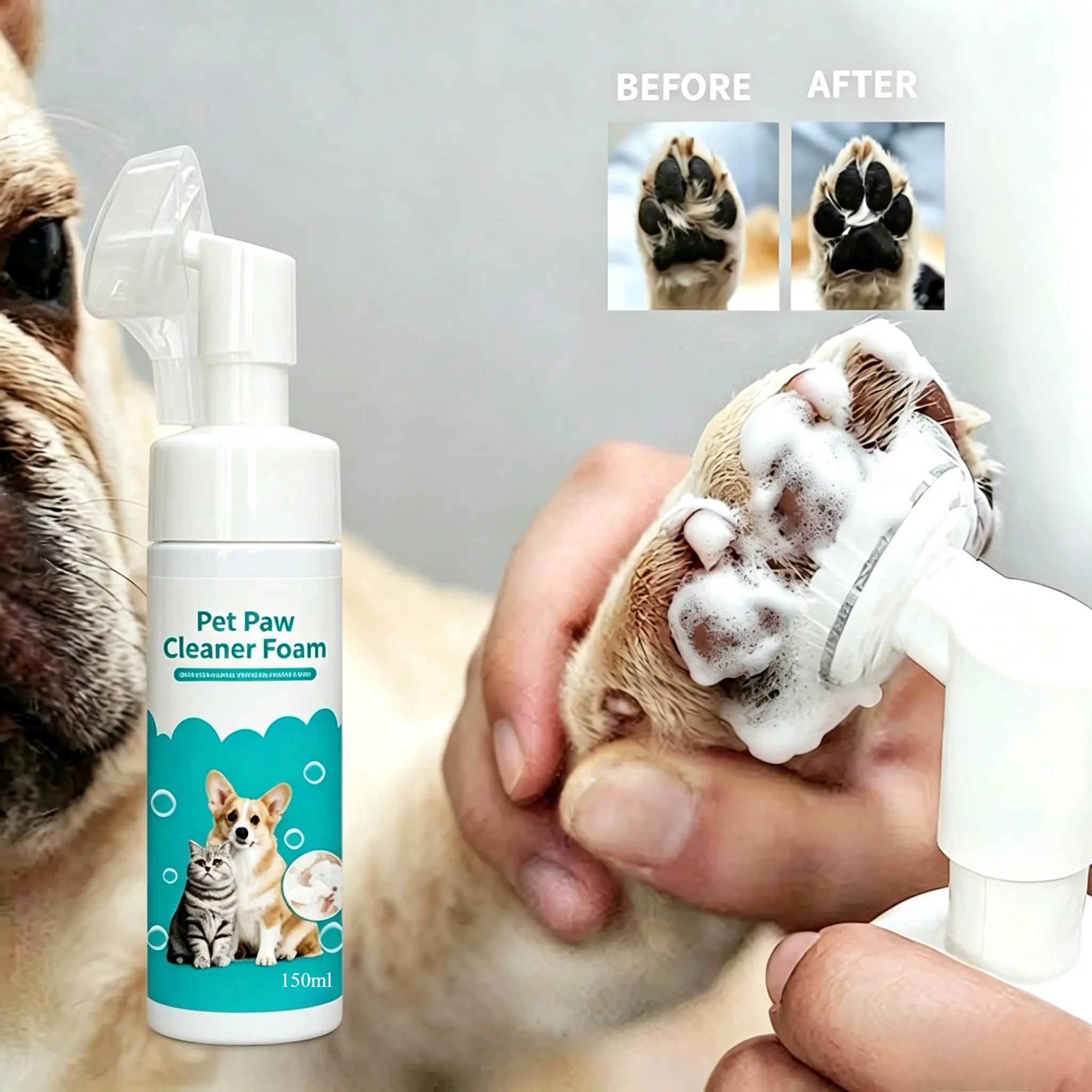 Pet Paw Cleaner Foam with Brush - No Rinse Waterless Paw Wash for Dogs & Cats, Deodorization Gentle Foaming Cleanser for Dirty Paws, Quick & Easy to Use 5.071floz