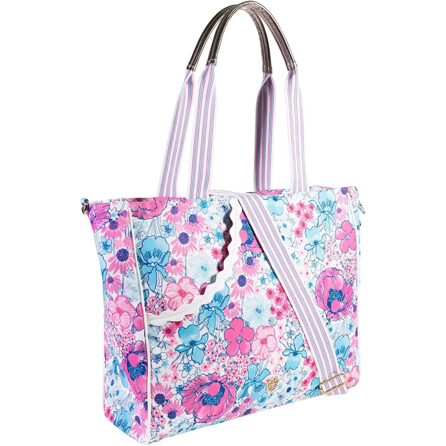 Lilly Pulitzer Pickleball Bag with Crossbody Strap, In All Her Glory| Pink & Blue Floral Sports Storage for 2 Paddles, Zipper Pocket, Waterbottle Sleeve, Adjustable Strap and Gold Details