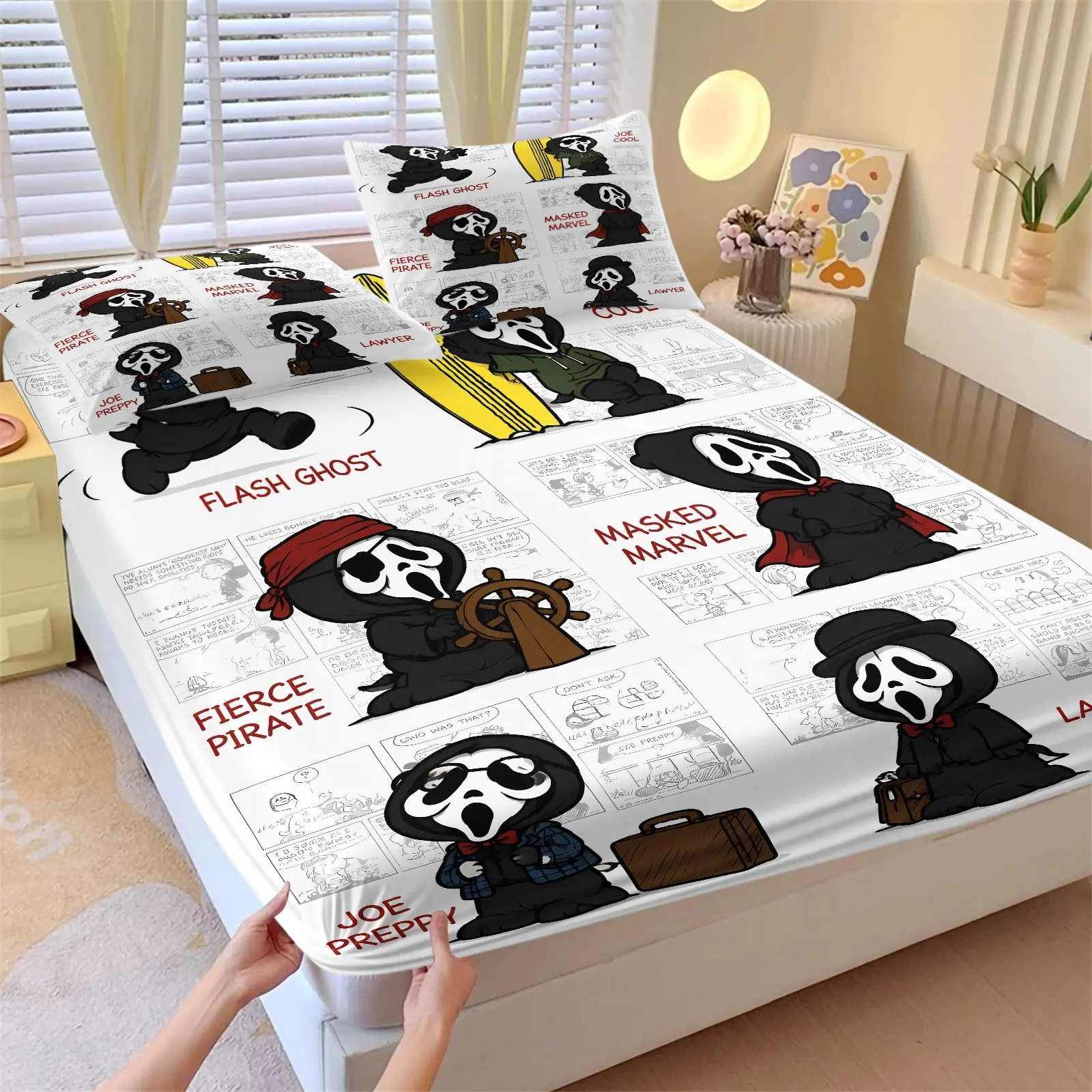 Comic Panel Style Versatile Ghostface Fitted Sheet Set, 1 Bed Sheet + 2 Pillowcases, Pirate Lawyer Hero Design Bedding, Comfortable Deep Pocket, Ideal for Movie Fans or Halloween Theme Bedroom Dorm Decor