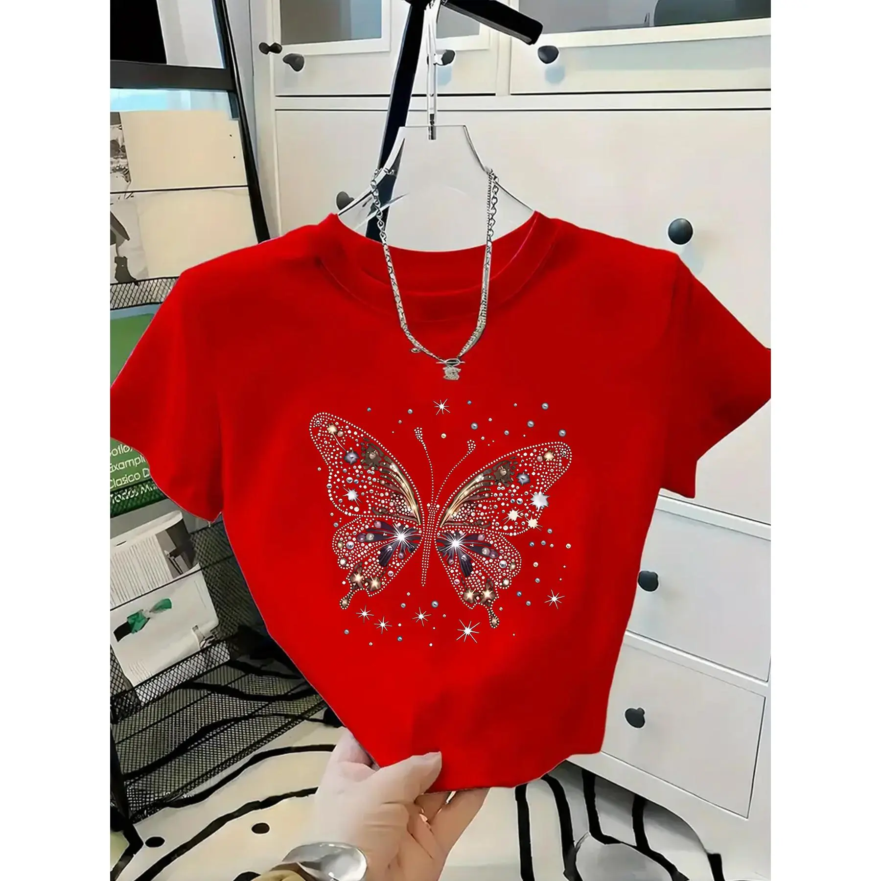 Butterfly Pattern Rhinestone Design Y2K Crop Top