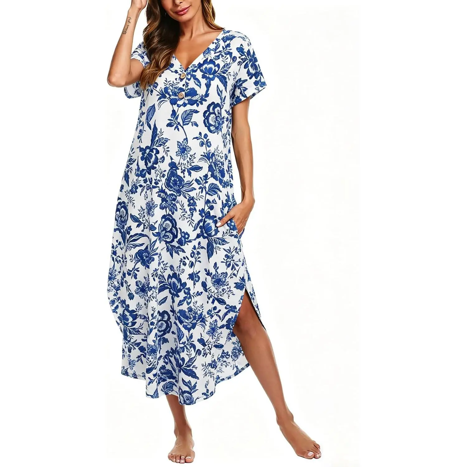 Long Nightgowns for Women Button Night Gowns Short Sleeve Sleepwear Full Length Sleep Shirts With Pockets S-2XL
