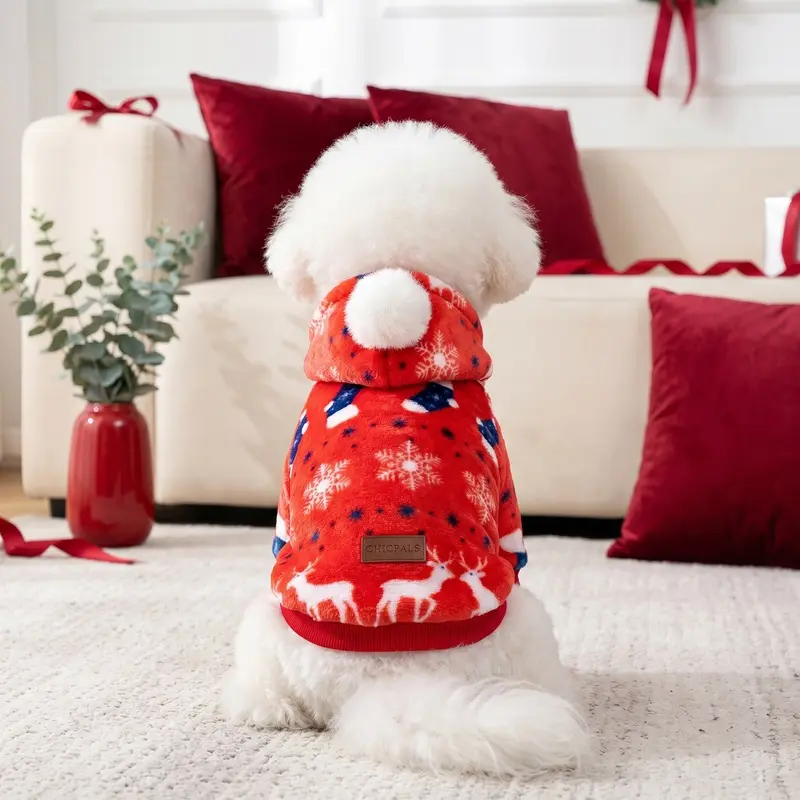 Christmas Dog Hoodie Fleece Sweater Pet Clothes, Cute Red Reindeer Stocking Snowflake Pine Tree Print Cat Apparel Outfit, Winter Warm Flannel Pullover Coat with Pom Pom Hat, Xmas Holiday Party Cosplay Costume For Small Medium Large Dogs Cats Puppy