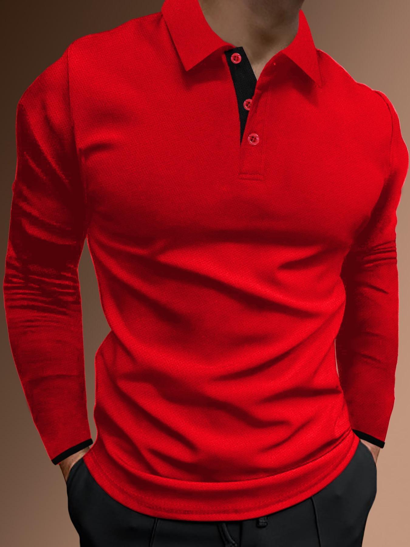 Men's Regular Fit Contrast Binding Button Front Polo Shirt, Men's Clothing Outfits, Casual Long Sleeve Half Placket Collared Top for Summer, Streetwear, Menswear for Daily Wear, Polo Tees